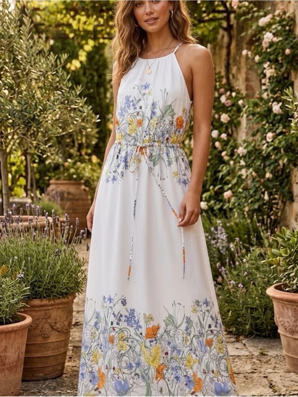 Ivanka Trump White Floral Halter Maxi Dress with Blue and Yellow Accents